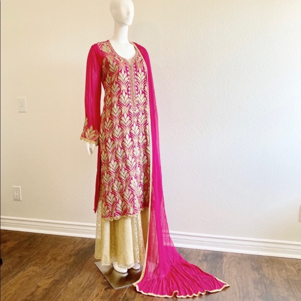 Pink and Gold 3 Piece Sharara Set ~ Indian Pakistani